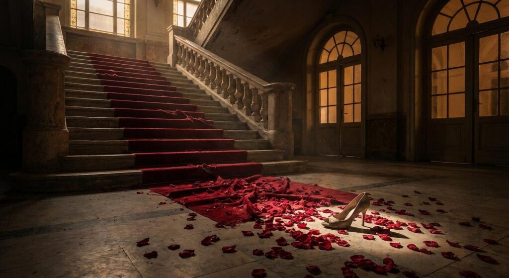 Symbolbild eines zerbrochenen roten Teppichs mit verstreuten Rosenblättern als Metapher für ein glamouröses Liebesaus aus