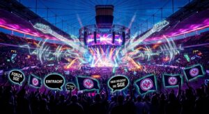 Symbolische rockige Stadionbühne in 360‑Grad mit Fan-Fahnen und Gitarrenriffs, energiegeladenes Konzertmotiv