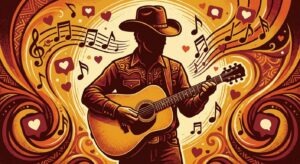 Symbolische Liebesillustration Festivalszene mit Cowboy-Silhouette und Instagram-Herz