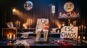 Symbolische ESC‑Bühne mit Schlafanzug und Hilfsmitteln – humorvolles Chaos