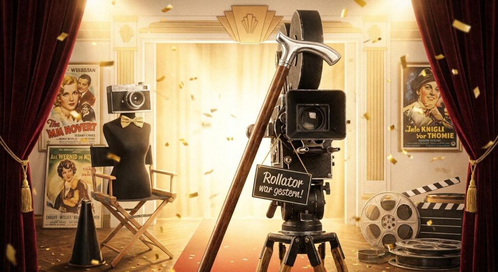 Symbolbild: Gehstock lehnt an Filmkamera – Vintage-Glamour, humorvoll