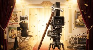 Symbolbild: Gehstock lehnt an Filmkamera – Vintage-Glamour, humorvoll