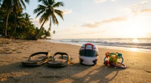Symbolbild: Flip‑Flops, Baby‑Spielzeug und kleiner Rennhelm im Sand am karibischen Strand