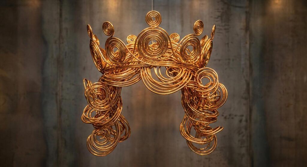Symbolische goldene Drahtskulptur in Form einer Haar-Krone auf bronzefarbenem Hintergrund