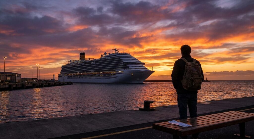 Das Kreuzfahrtschiff verlässt den Hafen bei Sonnenuntergang