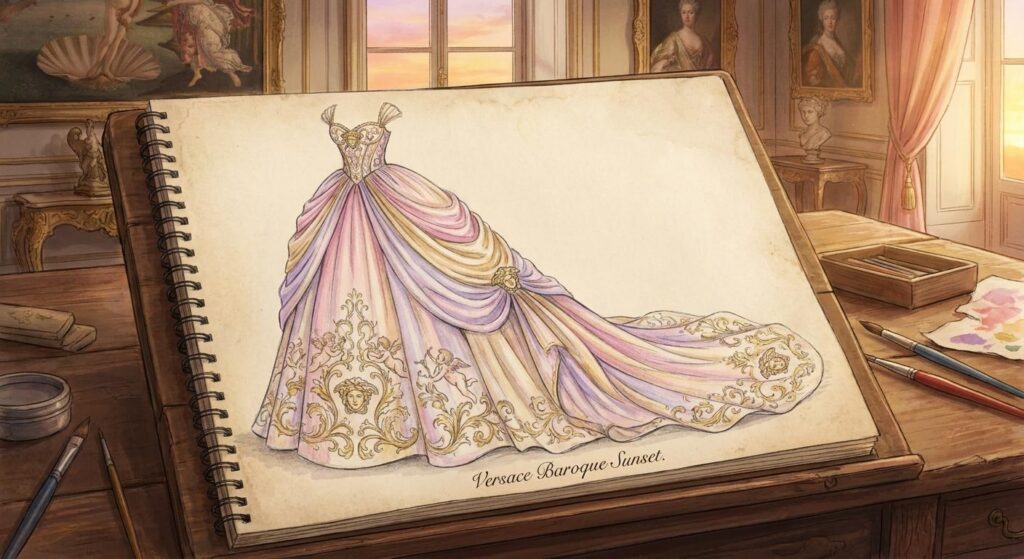 Pastellfarbenes barock inspiriertes Ballkleid – Kunstvolles Design ohne Person
