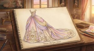 Pastellfarbenes barock inspiriertes Ballkleid – Kunstvolles Design ohne Person