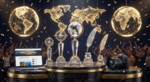 Glitzernde Trophäen auf Podium mit stilisierter Weltkarte