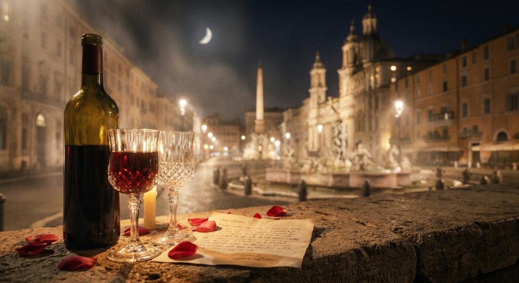 Atmosphärisches Wein–Gläser Bild vor römischer Piazza nachts