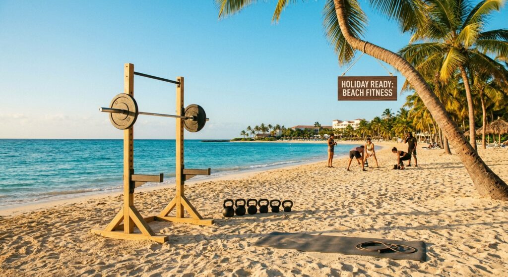 Eine malerische Strandansicht mit Fitnessgeräten im Sand, die Fitness für den Urlaub symbolisieren.