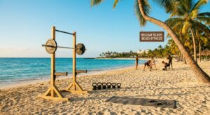 Eine malerische Strandansicht mit Fitnessgeräten im Sand, die Fitness für den Urlaub symbolisieren.