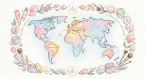 Pastellfarbene Weltkarte mit Beauty-Symbolen, Fokus Europa und Brasilien