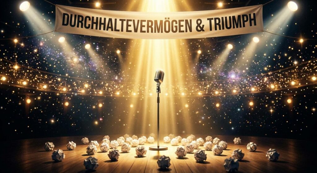 Symbolbild Triumph: Mikrofon auf Bühne mit Lichtstrahl und zerknülltem Papier alt-Attribut