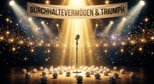 Symbolbild Triumph: Mikrofon auf Bühne mit Lichtstrahl und zerknülltem Papier alt-Attribut