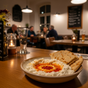 Würziger Feta-Dip mit Paprika und Petersilie, umgeben von Brot und Gemüse