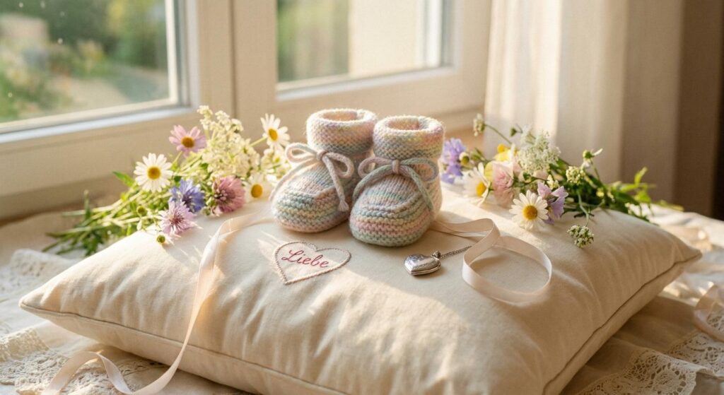 Pastellfarbene Babyschuhe auf weichem Kissen mit Blumen – symbolisch für Rebel Wilsons Baby-News