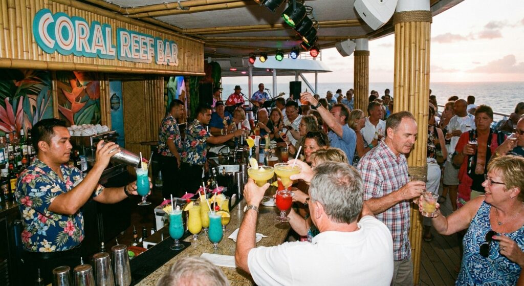 Eine lebhafte Kreuzfahrtbar mit verschiedenen Cocktails und fröhlichen Passagieren.
