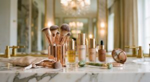 Elegantes Set von Make-up-Werkzeugen auf einer Marmorplatte