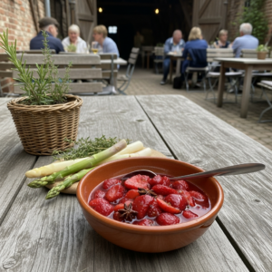 Gourmet-Saucen und Spargel auf einem Tisch