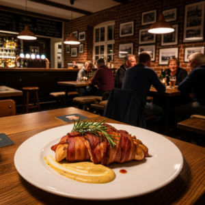 Hähnchen im Baconmantel mit Parmesansauce, serviert mit Kartoffelpüree