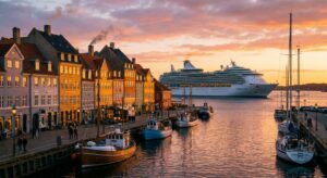 Sonnenuntergang über einer Hafenstadt mit Kreuzfahrtschiff