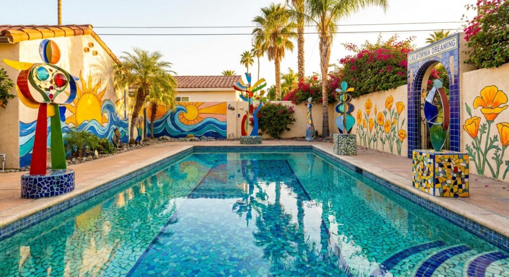 Ein lebendiges Bild eines farbenfrohen Swimmingpools unter kalifornischer Sonne, umgeben von künstlerischen Elementen ohne menschliche Figuren.