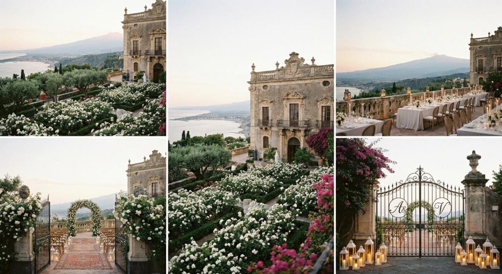 Außenansicht einer prächtigen sizilianischen Villa im Abendlicht, symbolisch für glamouröse Promi-Hochzeit