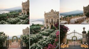 Außenansicht einer prächtigen sizilianischen Villa im Abendlicht, symbolisch für glamouröse Promi-Hochzeit