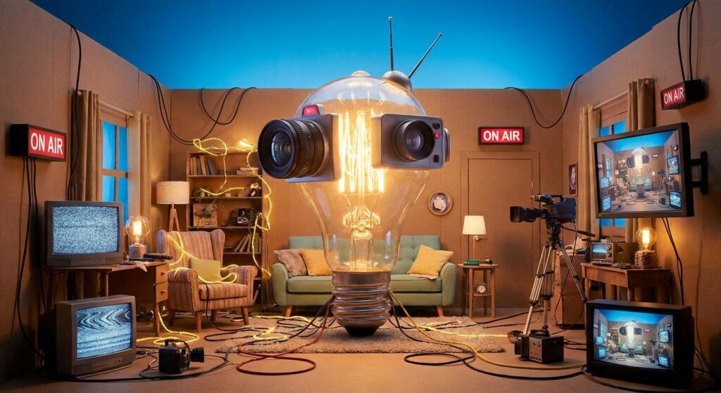 surreal leuchtende Glühbirne in Form einer Kamera in einem Wohnzimmer als Symbol für Reality-Doku ohne Menschen