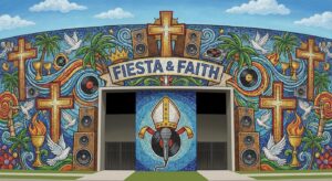 Stilisiertes Stadion mit religiösem Kreuz und Lautsprecher – symbolisiert das Treffen von Papst und Popstar im Bernabéu