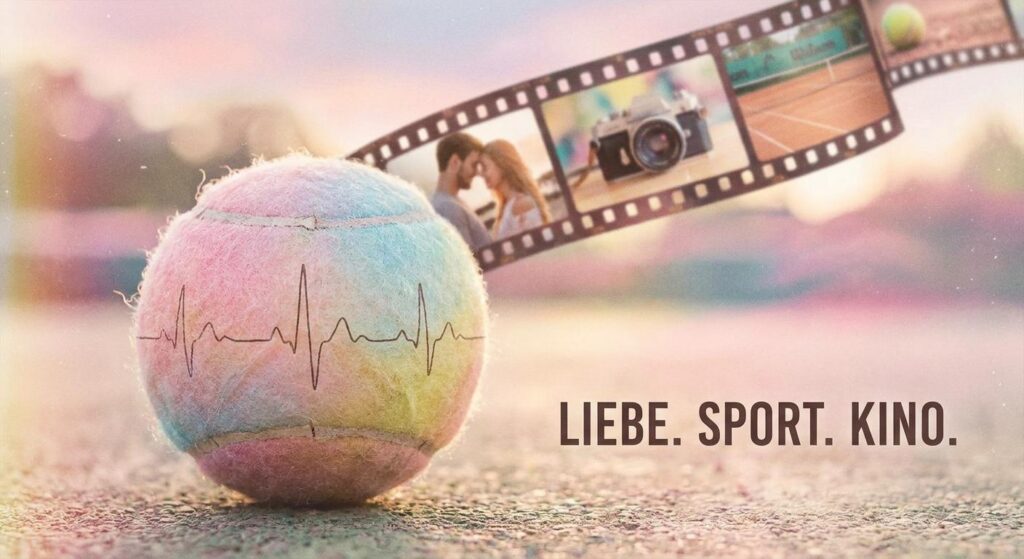 Symbolbild: Tennisball mit Herzschlagmotiv und Filmstreifen im Hintergrund