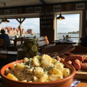 Traditioneller deutscher Kartoffelsalat mit Wurst und Apfel.