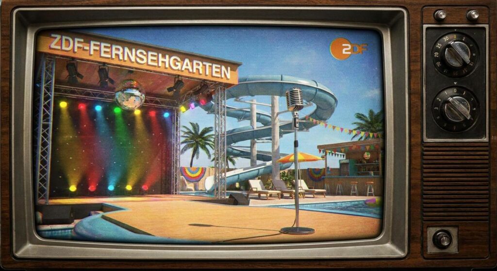 Retro Sommerliche TV-Szene mit Wasserrutsche, Disco-Licht und Schlager-Mikrofon – Urlaubsgefühl im Wohnzimmer