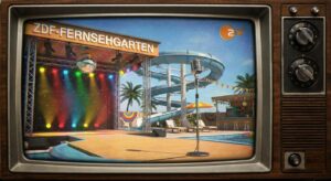 Retro Sommerliche TV-Szene mit Wasserrutsche, Disco-Licht und Schlager-Mikrofon – Urlaubsgefühl im Wohnzimmer
