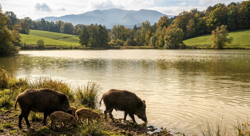 Freie Wildschweine an einem ruhigen Seeufer umgeben von Natur