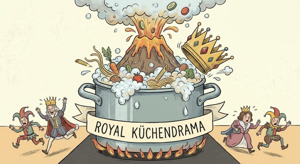 Ilustration eines überkochenden Topfs mit goldener Krone am Rand – Symbol für royales Küchendrama