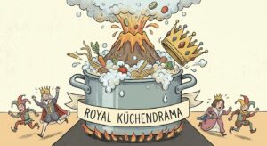 Ilustration eines überkochenden Topfs mit goldener Krone am Rand – Symbol für royales Küchendrama