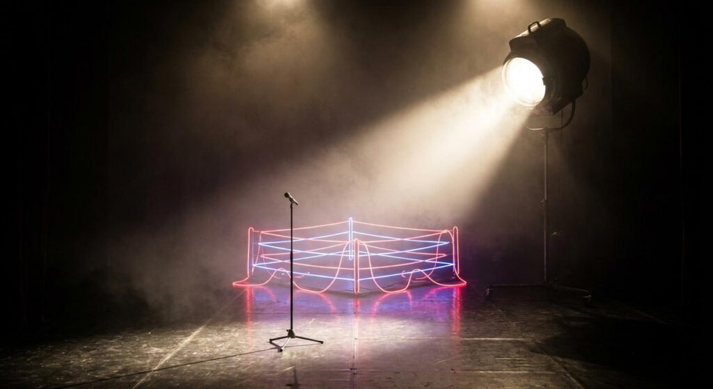 Leere Bühne im Spotlight mit angedeutetem Wrestling-Ring, symbolisiert inszenierten Konflikt und Spannung
