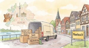 Symbolischer Umzug: leere Kartons vor Berliner Skyline, Hintergrund verblasst, freundliche Illustration