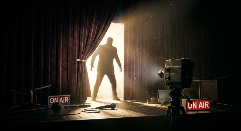 TV‑Studio mit offenem Vorhang und Schatten im Türrahmen, symbolisch für unerwarteten Gästebesuch