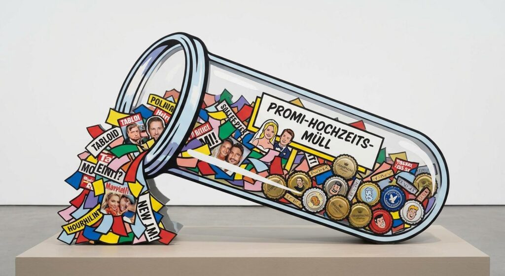 Symbolischer Box mit Erinnerungs‑Müll von Promi‑Hochzeit – skurril und popkulturell