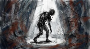Symbolbild: Figur im Spotlight mit zitternden Linien – Angst und Lampenfieber im Rampenlicht