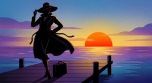 Silhouette einer eleganten Frau am Badesteg bei Sonnenuntergang – Bond Girl Atmosphäre
