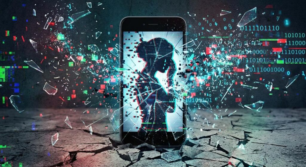 Symbolbild: Zerbrochener digitaler Schattenriss auf Smartphone, Bits wie Splitter