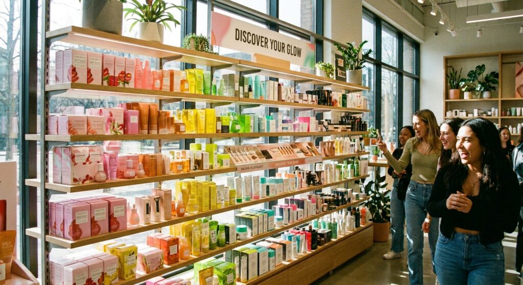 Vollgestellte Drogerieregale mit Beauty-Produkten
