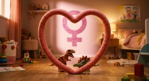 Symbolbild: Herz, Dinosaurier-Spielzeug und rosa Schattenmädchen, unerwartete Familienfreude