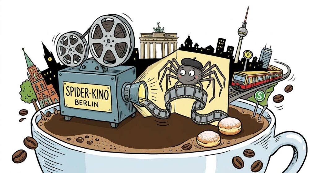 Symbolbild Filmprojektor mit Spinne vor Berliner Skyline und Kaffeetasse