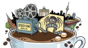 Symbolbild Filmprojektor mit Spinne vor Berliner Skyline und Kaffeetasse