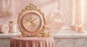 Symbolische Uhr im glamourösen Spa‑Setting, die auf 2 Stunden verweist, unterstreicht kurze Promi‑Auftritte