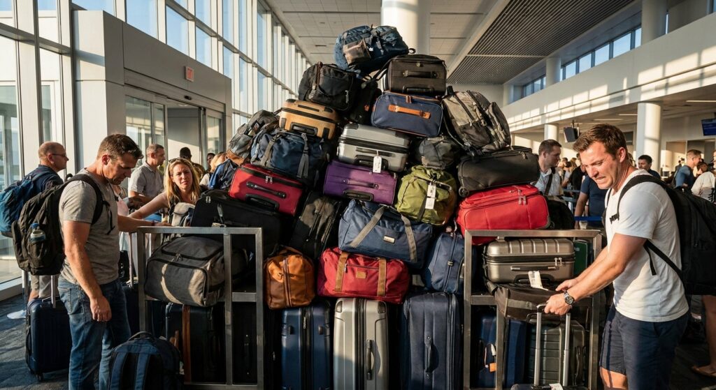 Gestapeltes Handgepäck mit gestressten Reisenden am Flughafen